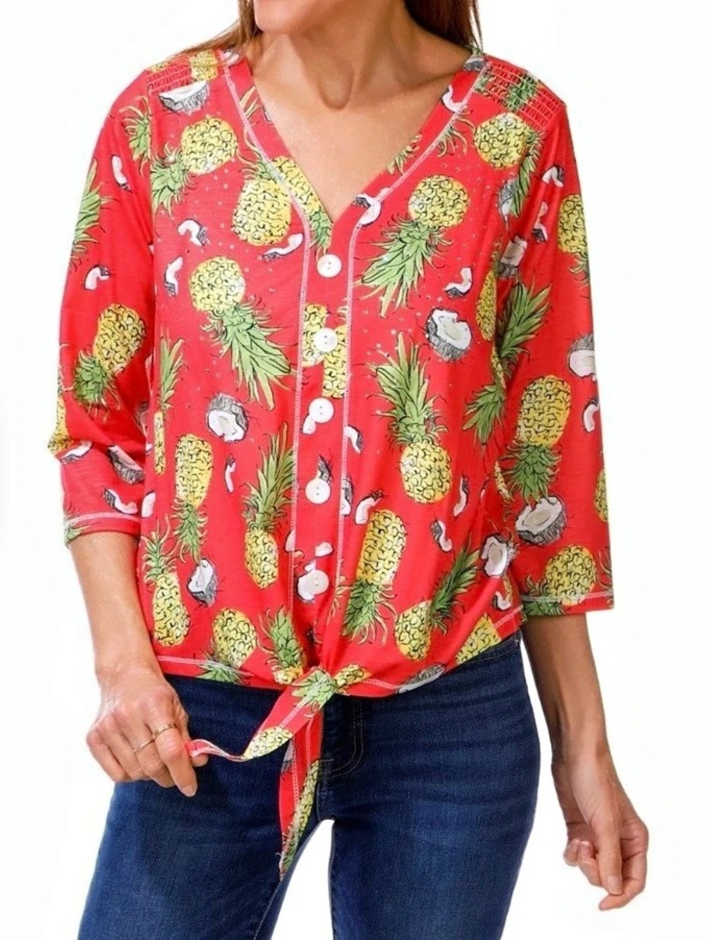 Onque Casual Pineapple and Coconut Print Tie-Front V-Neck Top Women’s Size M